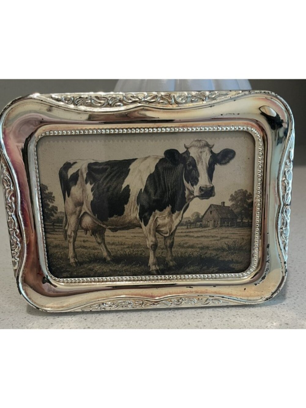 Cow Framed Art 6.5" Silver Tone Tabletop Farmhouse Cottagecore Country Decor